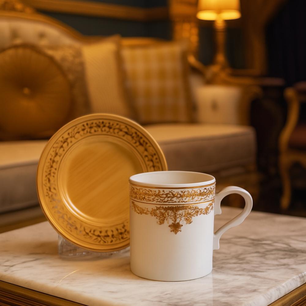 فناجين قهوة تركي منقوش صحن خشب 12 قطعة