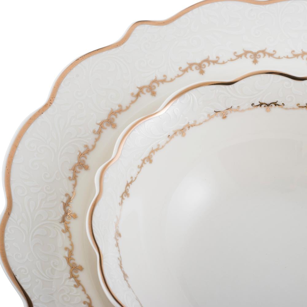 طقم عشاء بورسلان فاخر ابيض وذهبي بنقشات ناعمة 28 قطعة 6 اشخاص