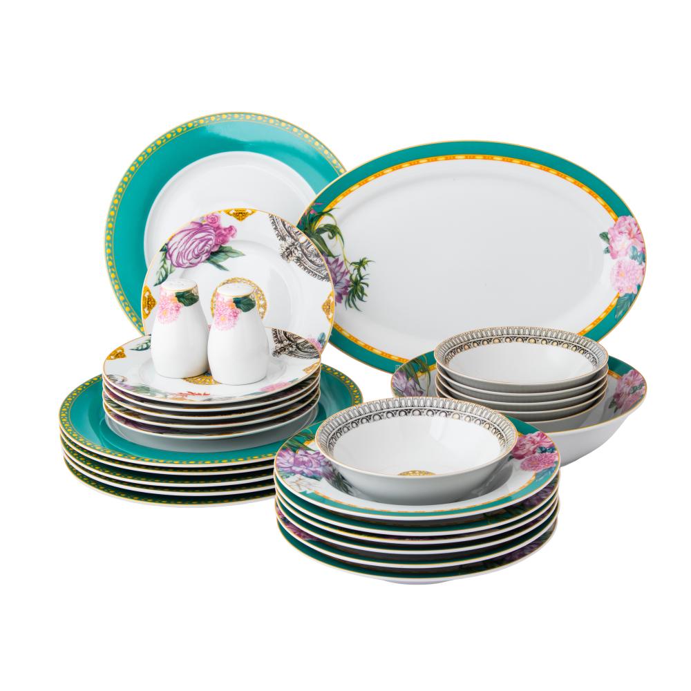 طقم عشاء بورسلان بنقشات ورود تركوازي 28 قطعة 6 اشخاص