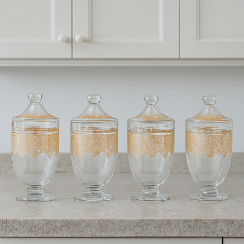 طقم علب سكر وشاي وقهوة وهيل زجاج سادة مزخرف ذهبي 4 قطعة