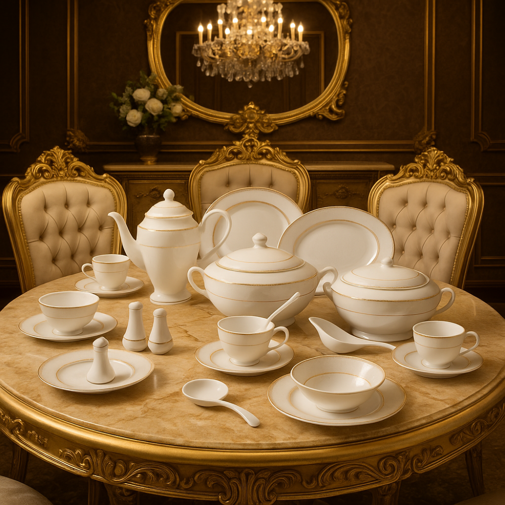 طقم عشاء بورسلان فاخر ابيض بنقش ذهبي مزخرف 70 قطعة 6 اشخاص