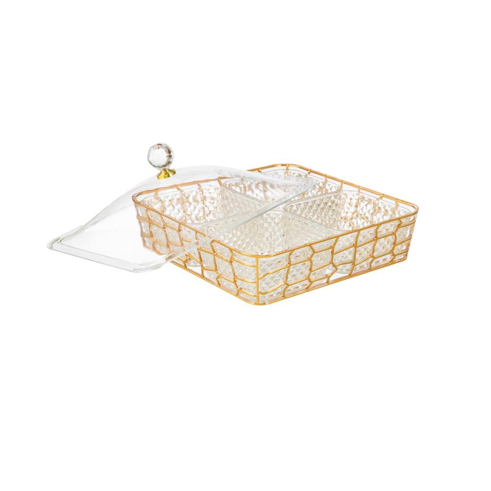 صحن مكسرات اكريلك ذهبي بغطاء 4 خانات