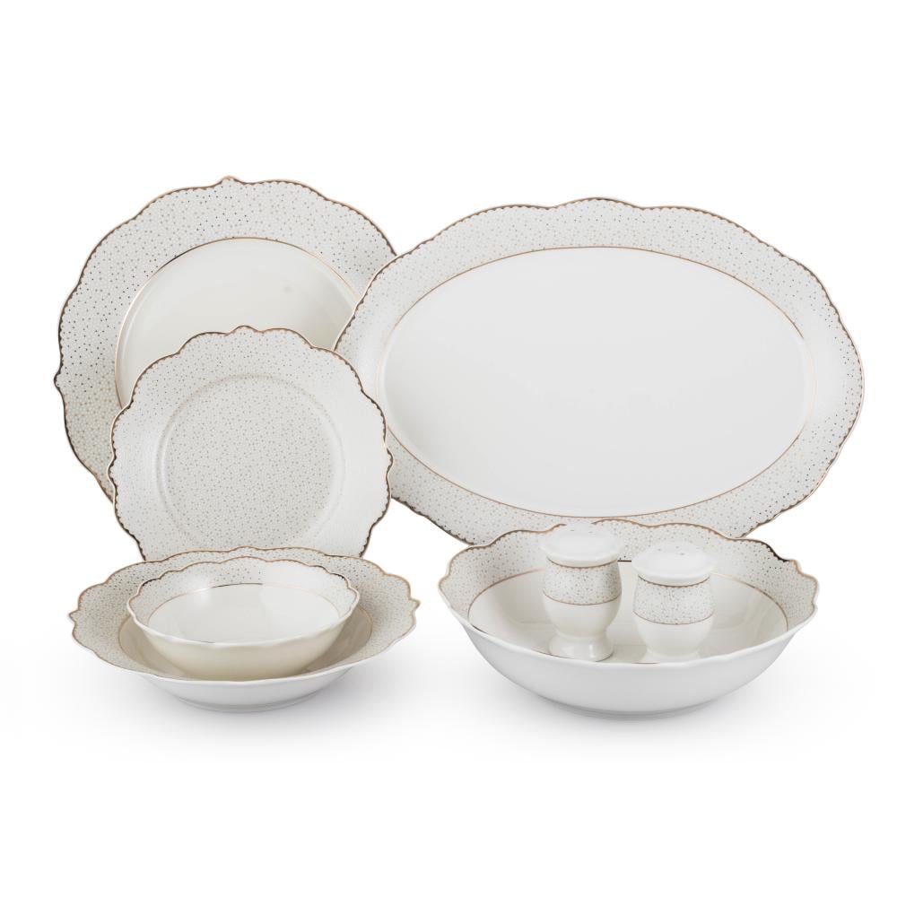 طقم عشاء بورسلان فاخر ابيض وذهبي بنقشات ناعمة 28 قطعة 6 اشخاص