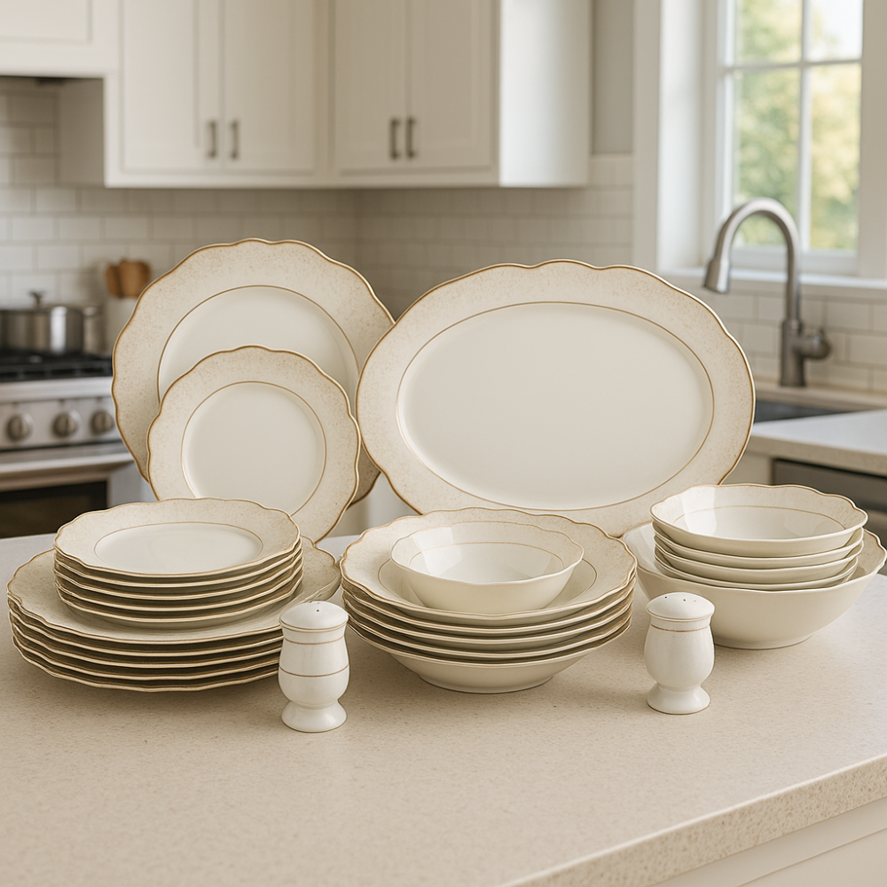 طقم عشاء بورسلان فاخر ابيض وذهبي بنقشات ناعمة 28 قطعة 6 اشخاص