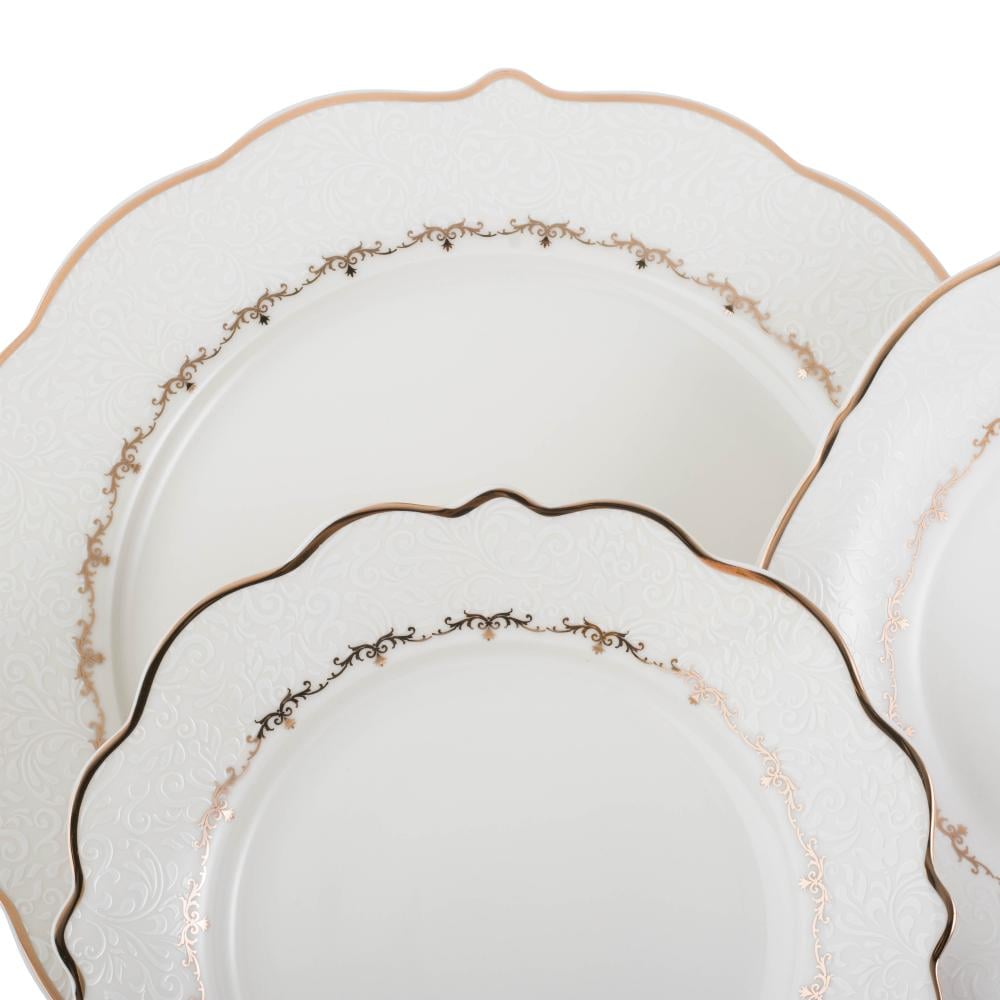 طقم عشاء بورسلان فاخر ابيض وذهبي بنقشات ناعمة 28 قطعة 6 اشخاص