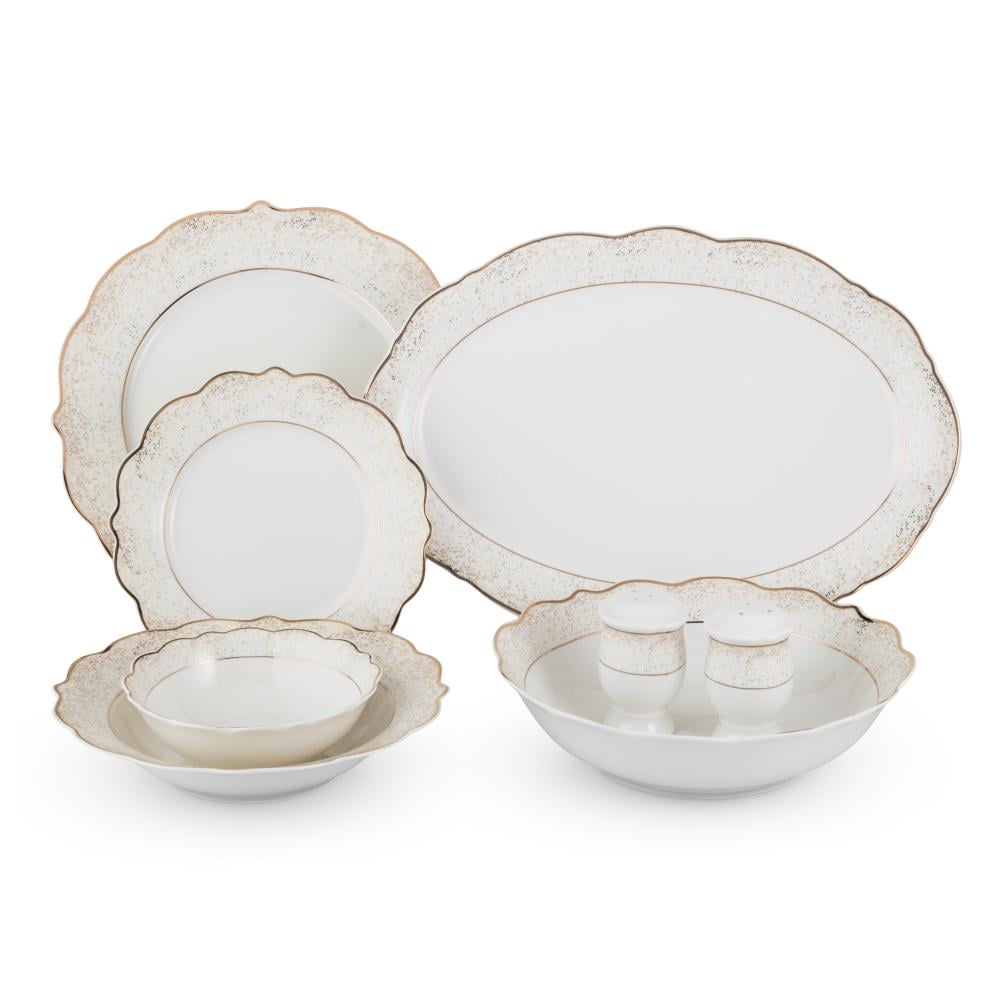 طقم عشاء بورسلان فاخر ابيض وذهبي بنقشات ناعمة 28 قطعة 6 اشخاص