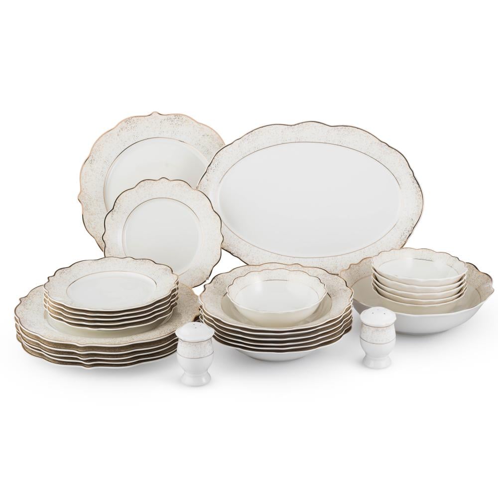 طقم عشاء بورسلان فاخر ابيض وذهبي بنقشات ناعمة 28 قطعة 6 اشخاص