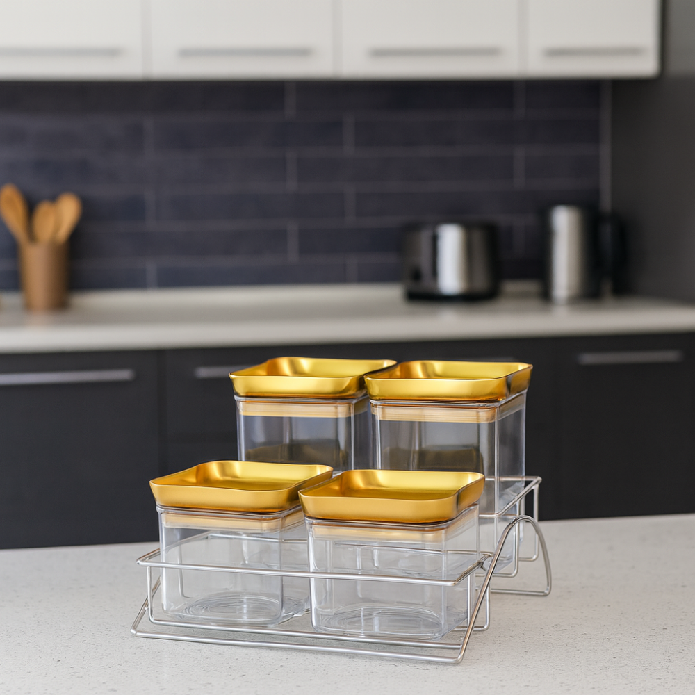 علب سكر وشاي و بهارات اكريلك مع استاند معدن 4 قطعة 2 دور ذهبي