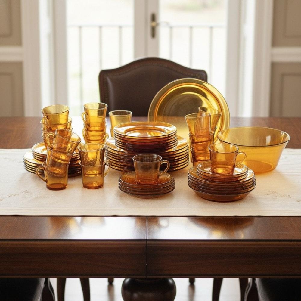 طقم سفرة زجاج DURALEX فرنسي عسلي 44 قطعة 6 اشخاص