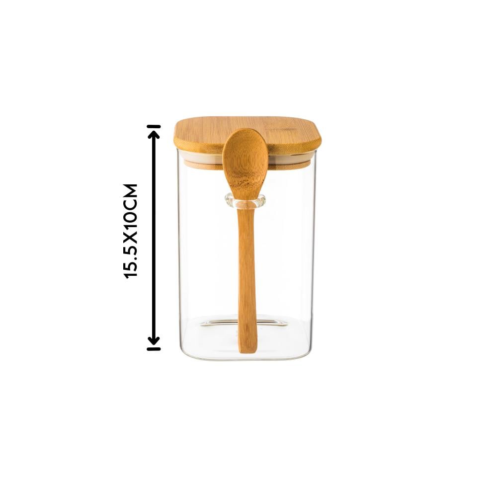 مرطبان زجاج شفاف مربع مع ملعقة خشب للسكر والقهوة بغطاء خشب 15.5 سم