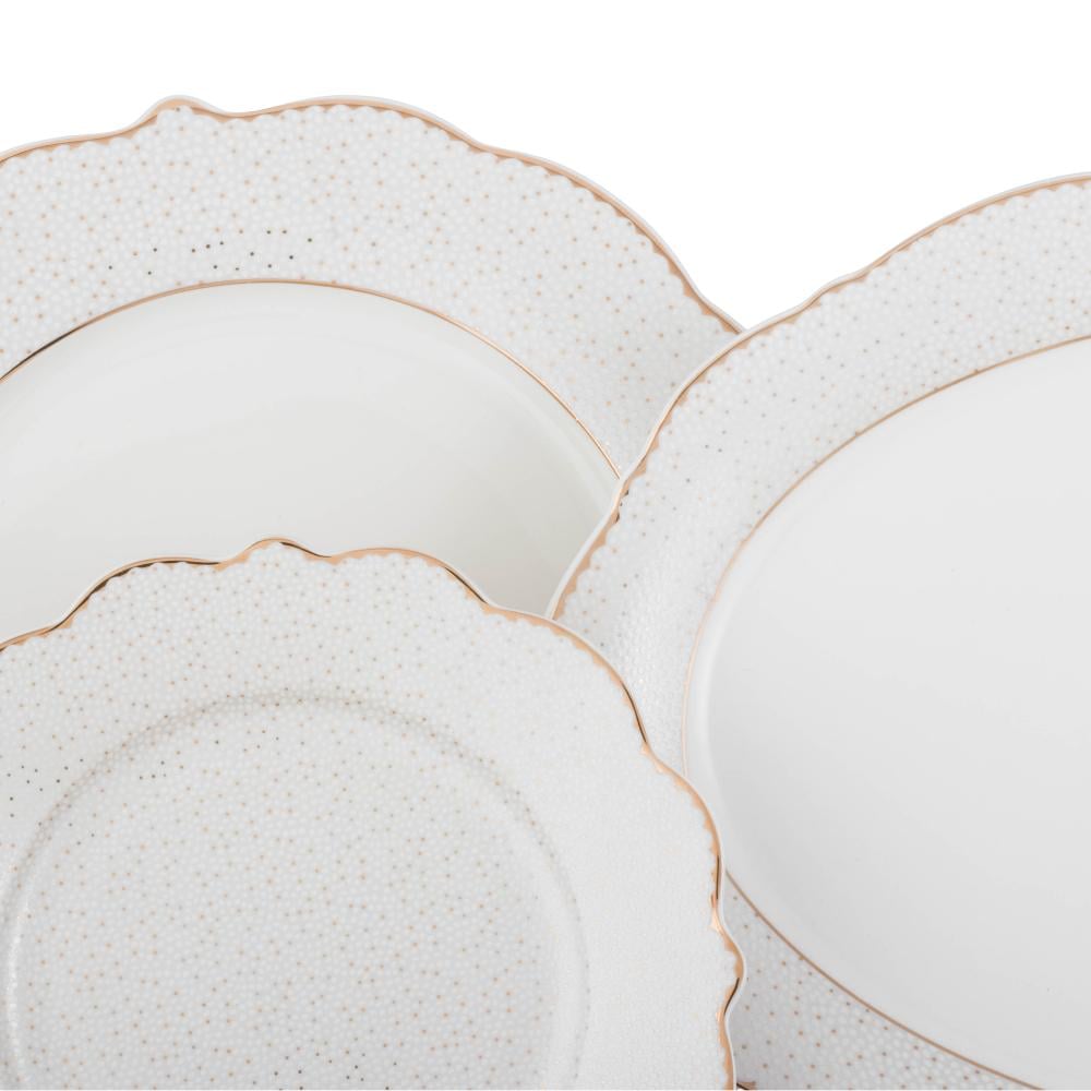 طقم عشاء بورسلان فاخر ابيض وذهبي بنقشات ناعمة 28 قطعة 6 اشخاص