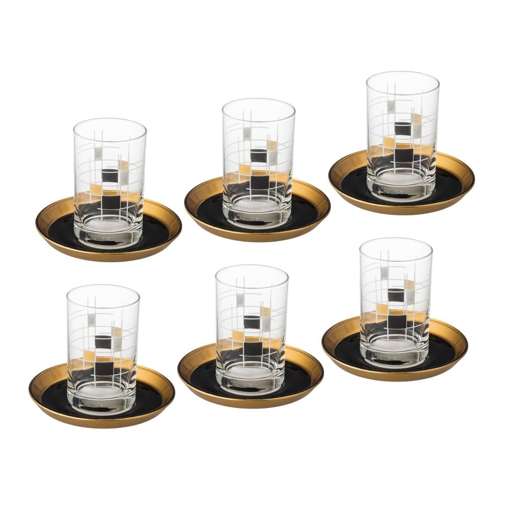 طقم كاسات شاي زجاج تركي مربعات بصحن اسود وذهبي 6 اشخاص 150 مل
