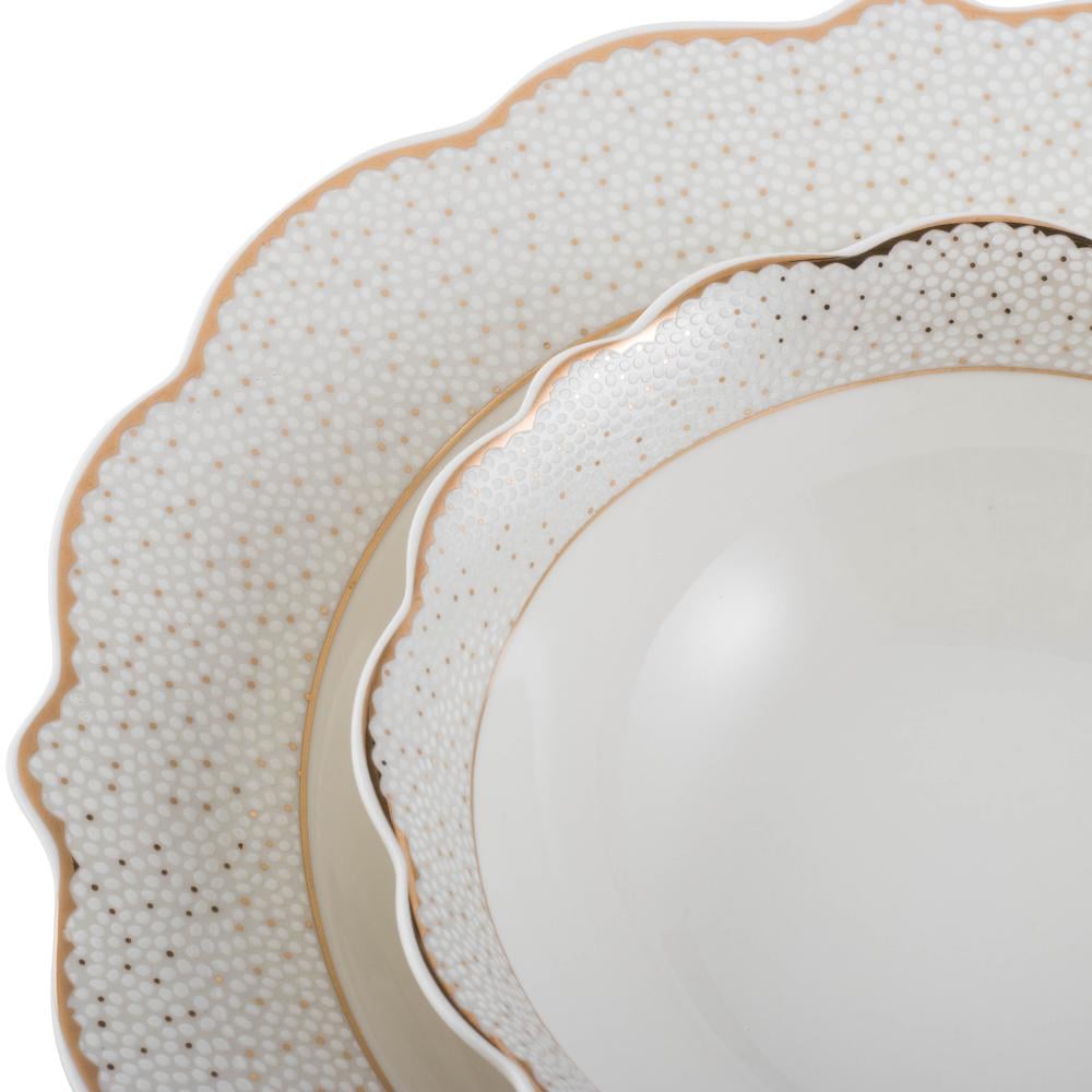 طقم عشاء بورسلان فاخر ابيض وذهبي بنقشات ناعمة 28 قطعة 6 اشخاص