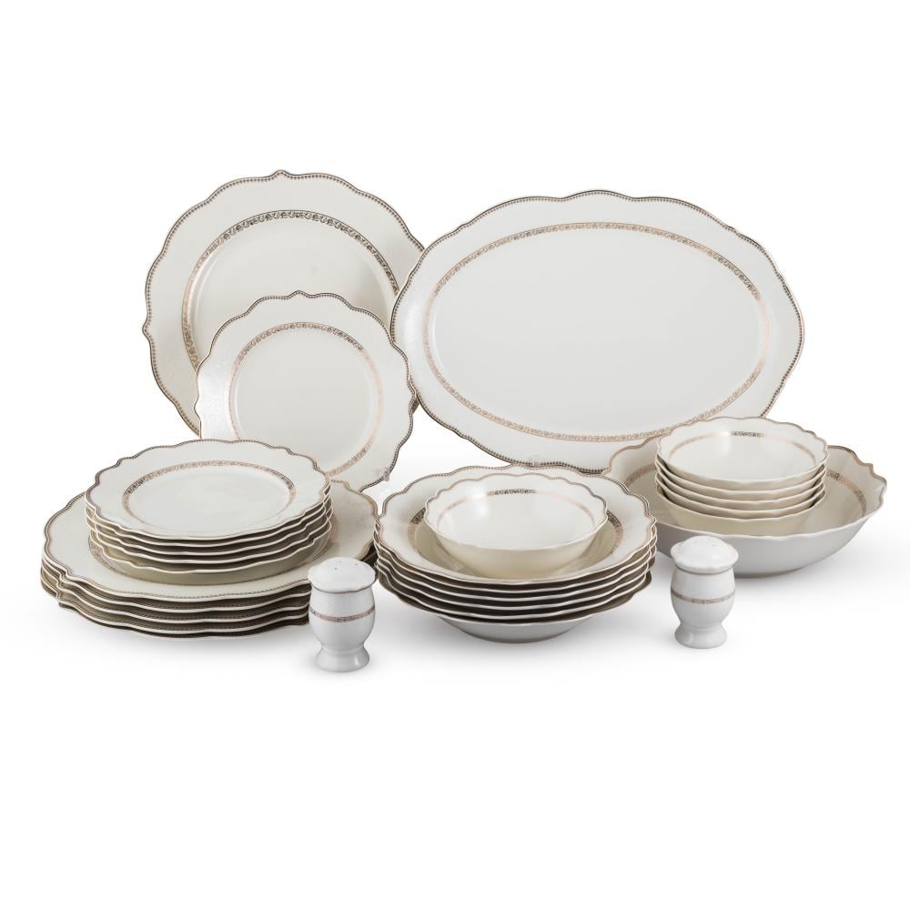 طقم عشاء بورسلان فاخر ابيض وذهبي بنقشات ناعمة 28 قطعة 6 اشخاص