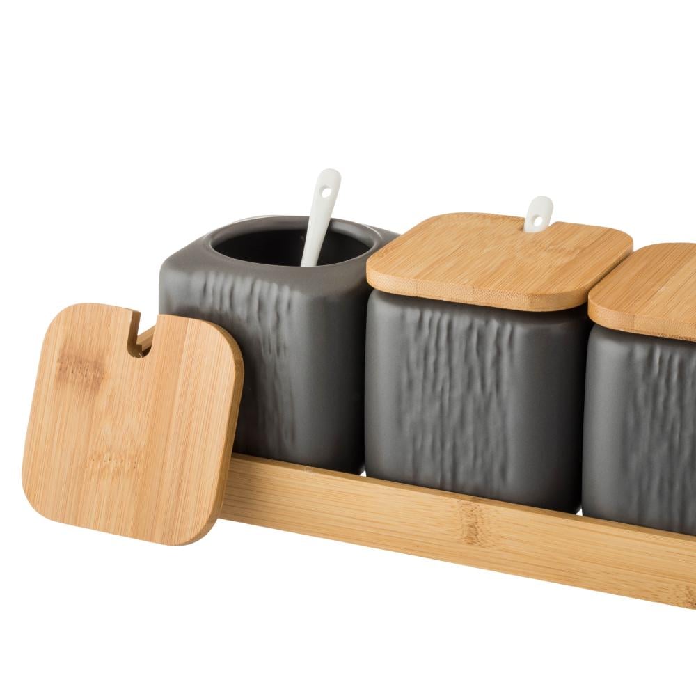 طقم علب سكر وشاي وبهارات مع ملاعق بورسلان رمادي بغطاء واستاند خشب 3 قطعة