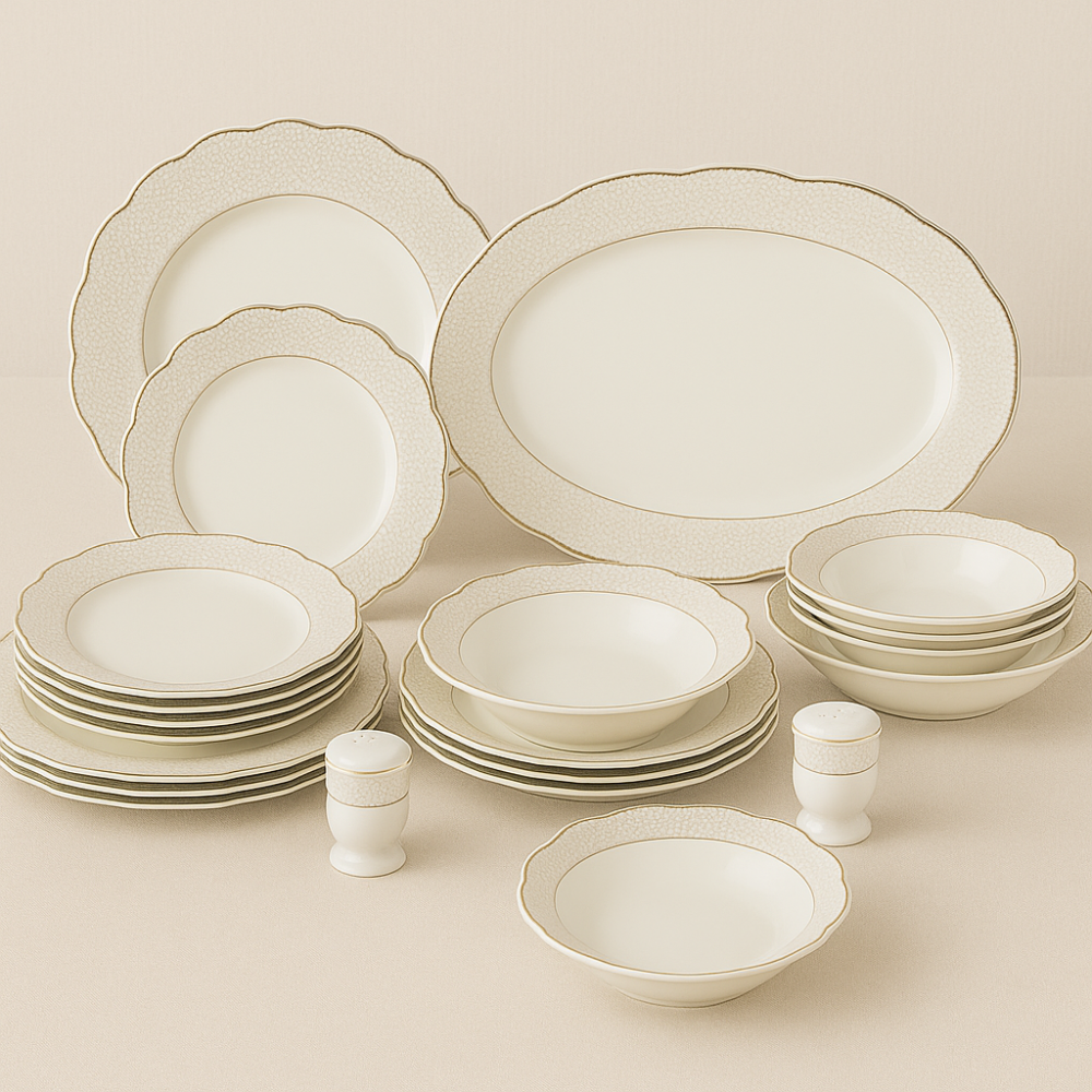 طقم عشاء بورسلان فاخر ابيض وذهبي بنقشات ناعمة 28 قطعة 6 اشخاص
