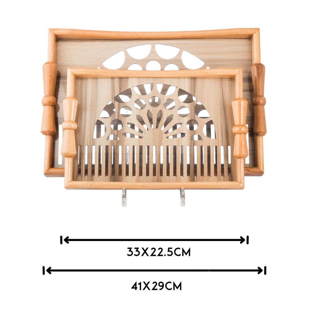 طقم صواني خشب 2 قطعة يد فيونكه ارضية مزخرفة مع طبقة عازلة اكريلك شفاف