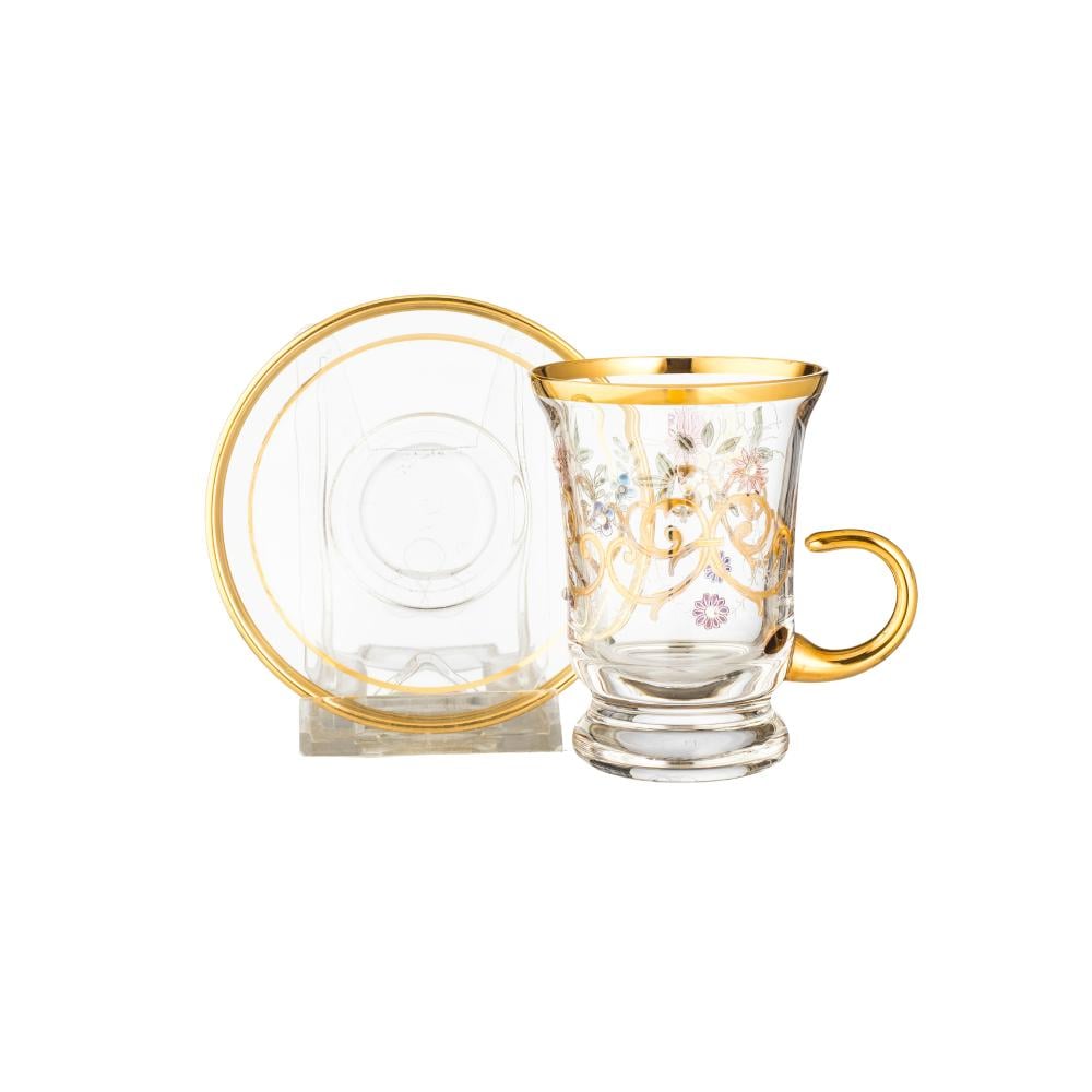 طقم فناجين شاي كريستال تركي حفر ليزر ذهبي فاخر رسم زهور ملون 125 مل 6 اشخاص مجموعة الياسمين