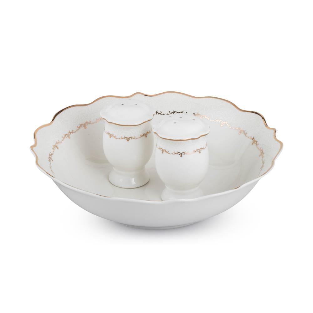 طقم عشاء بورسلان فاخر ابيض وذهبي بنقشات ناعمة 28 قطعة 6 اشخاص