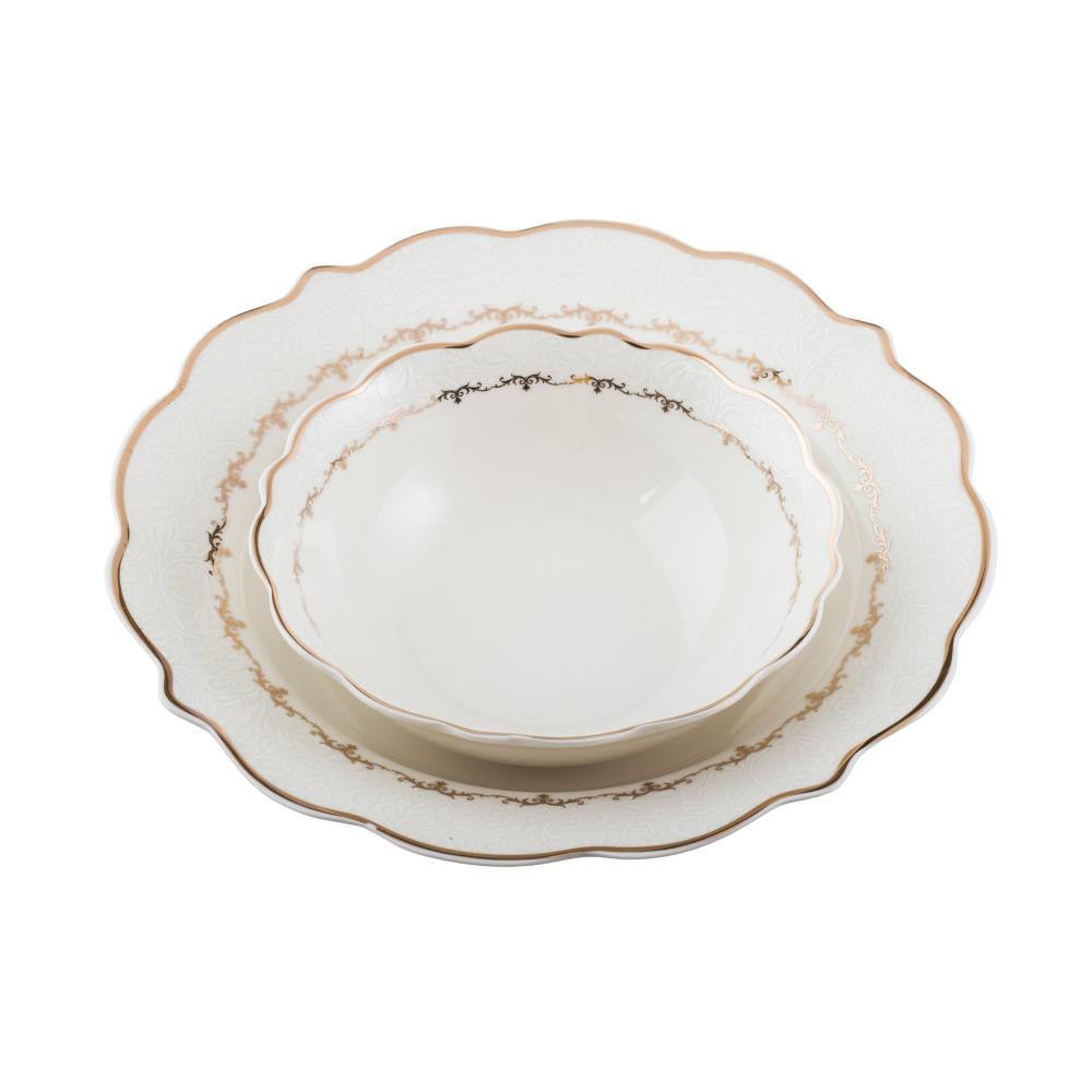 طقم عشاء بورسلان فاخر ابيض وذهبي بنقشات ناعمة 28 قطعة 6 اشخاص