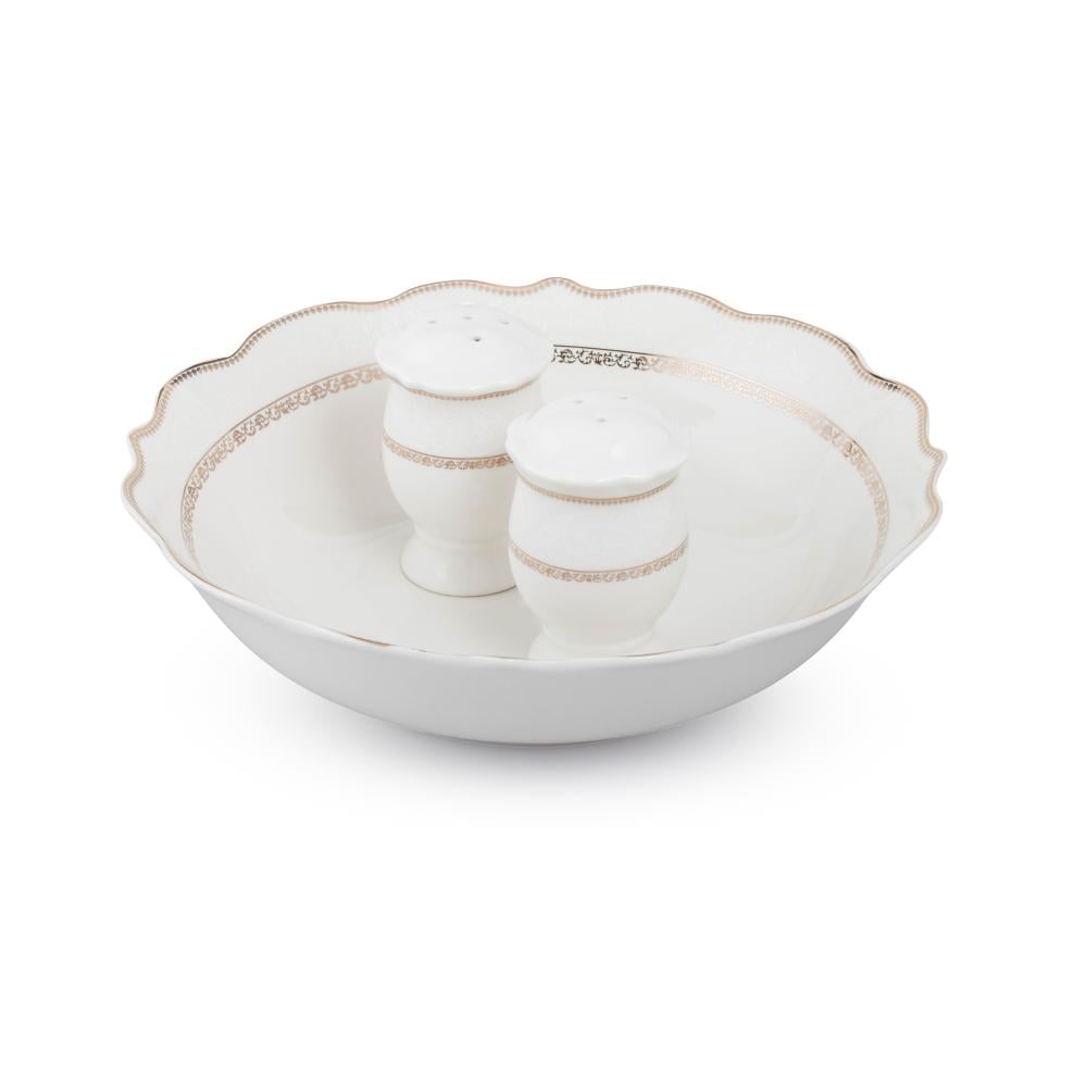 طقم عشاء بورسلان فاخر ابيض وذهبي بنقشات ناعمة 28 قطعة 6 اشخاص