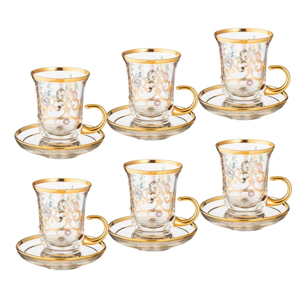 طقم فناجين شاي كريستال تركي حفر ليزر ذهبي فاخر رسم زهور ملون 125 مل 6 اشخاص مجموعة الياسمين