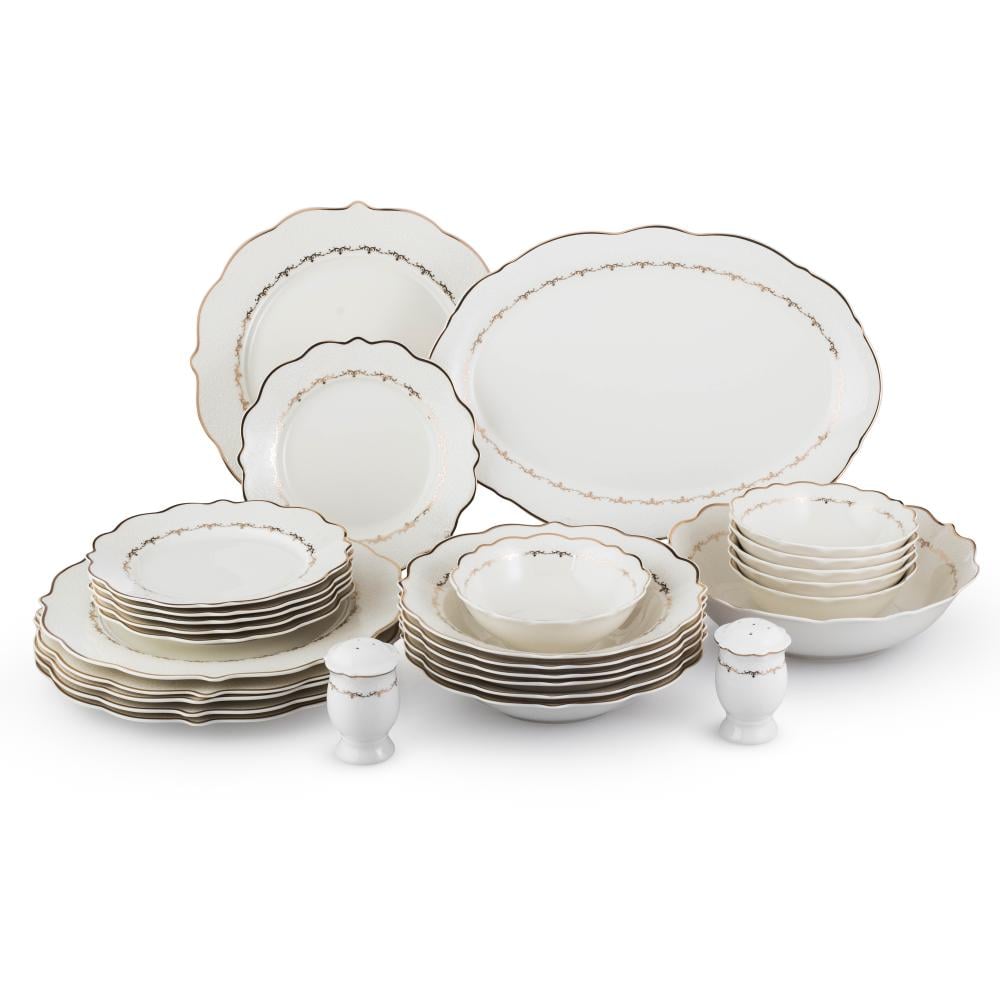 طقم عشاء بورسلان فاخر ابيض وذهبي بنقشات ناعمة 28 قطعة 6 اشخاص