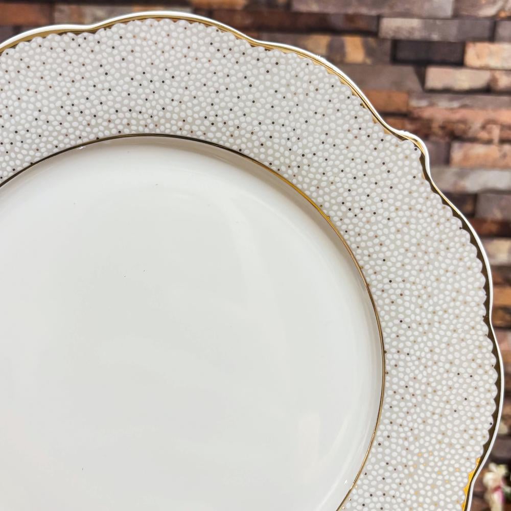 طقم عشاء بورسلان فاخر ابيض وذهبي بنقشات ناعمة 28 قطعة 6 اشخاص