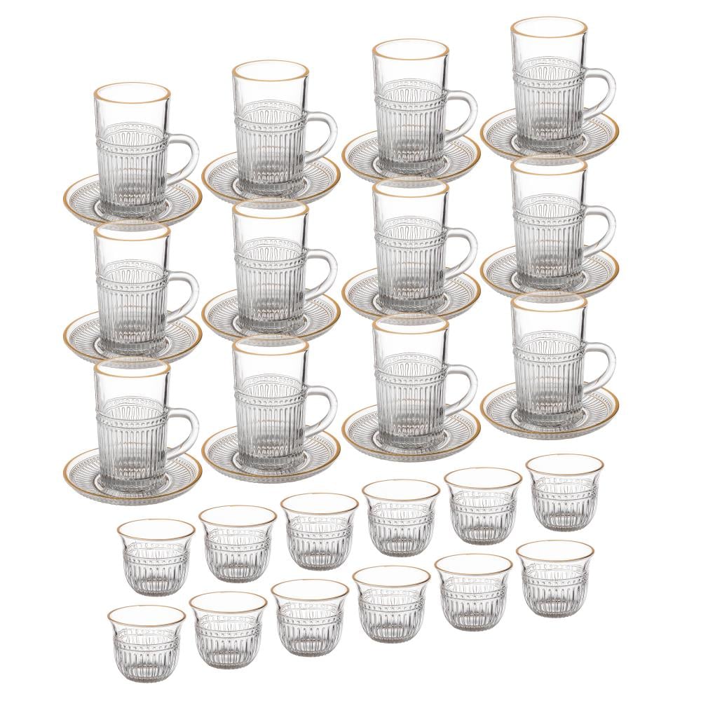 طقم فناجين شاي وقهوة زجاج مخطط 36 قطعة ذهبي مطفي