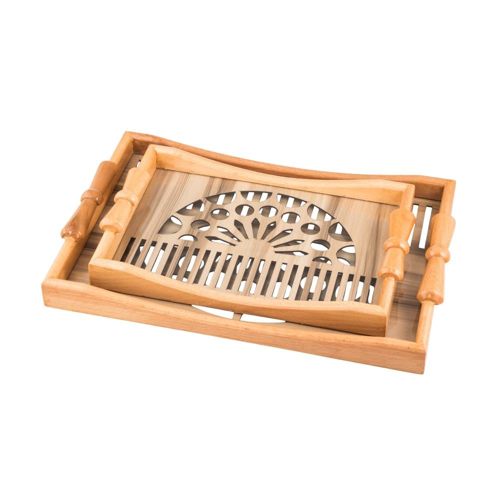 طقم صواني خشب 2 قطعة يد فيونكه ارضية مزخرفة مع طبقة عازلة اكريلك شفاف