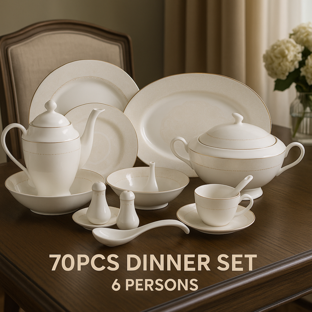 طقم عشاء بورسلان فاخر ابيض بنقش ذهبي مزخرف 70 قطعة 6 اشخاص