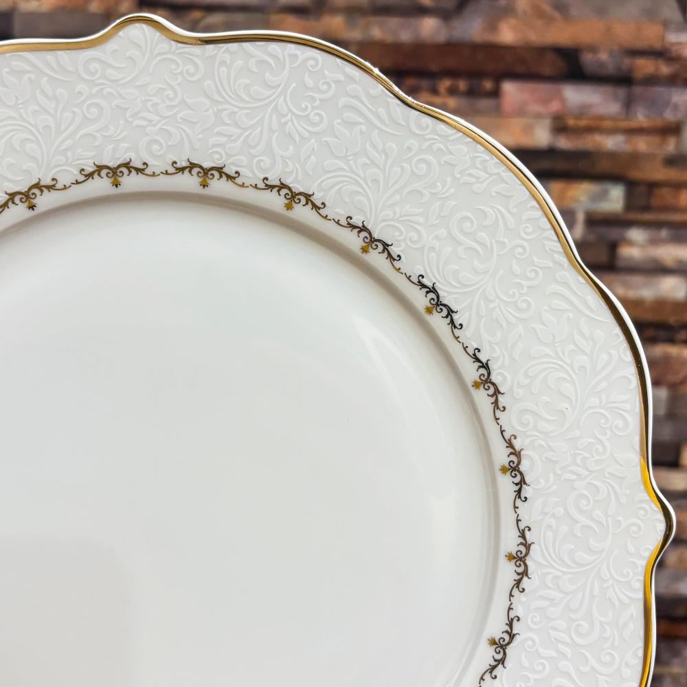 طقم عشاء بورسلان فاخر ابيض وذهبي بنقشات ناعمة 28 قطعة 6 اشخاص