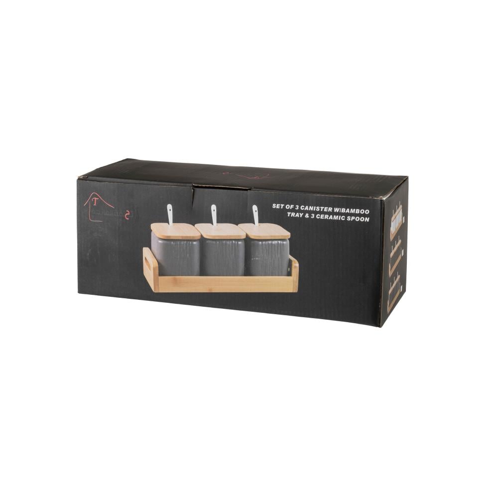 طقم علب سكر وشاي وبهارات مع ملاعق بورسلان رمادي بغطاء واستاند خشب 3 قطعة