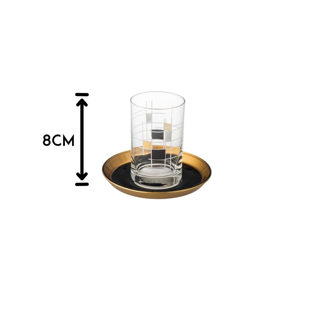 طقم كاسات شاي زجاج تركي مربعات بصحن اسود وذهبي 6 اشخاص 150 مل