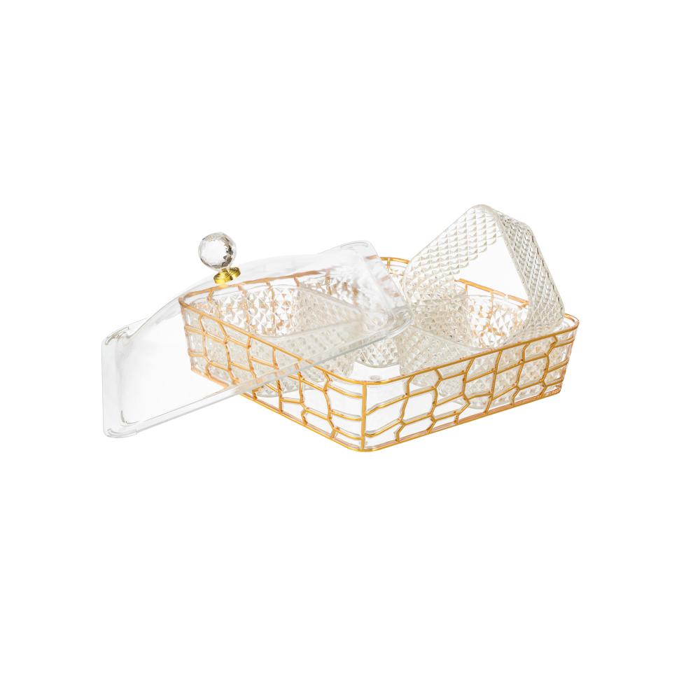 صحن مكسرات اكريلك ذهبي بغطاء 4 خانات