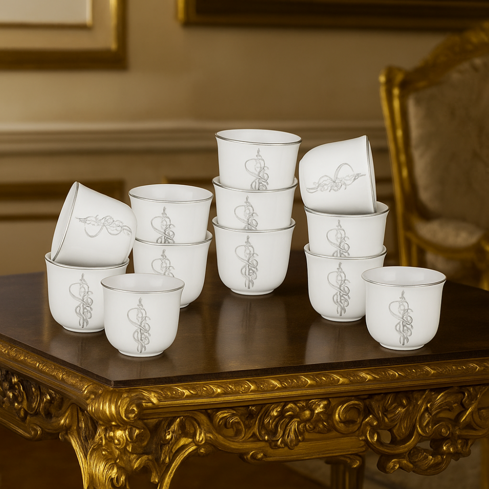 فناجين قهوة سعودي بورسلان ابيض بحروف مزخرفة فضي 12 قطعة 75 مل