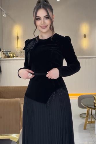 فستان سهرة قماش مخمل جوخ الاصلي مع شيفون جورجيت بي...