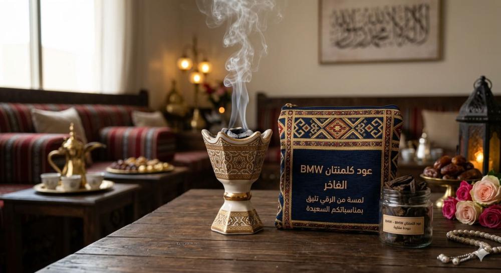تجهيزات ضيافة ومناسبات سعيدة في السعودية تظهر فيها مبخرة مزخرفة وحقيبة