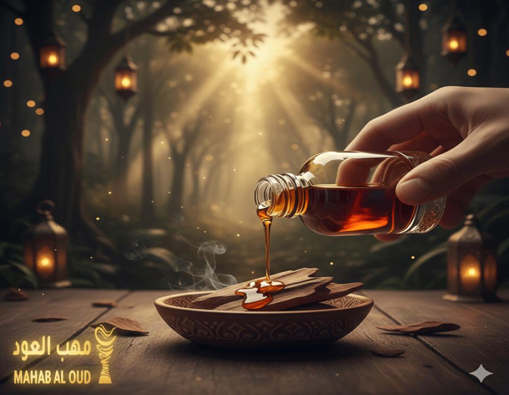 يد تصب قطرات من دهن العود المعتق فوق خشب عود طبيعي في غابة استوائية، م