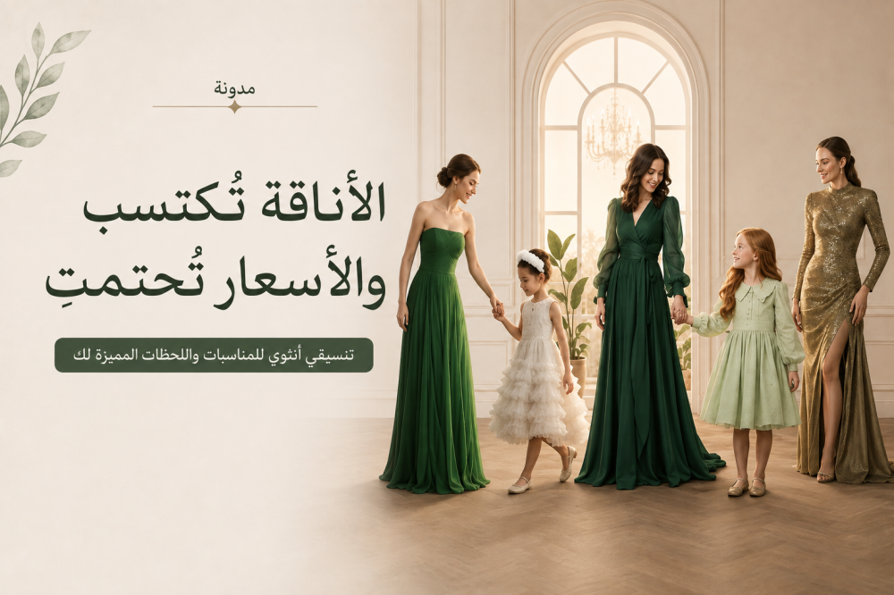 فساتين اليوم الوطني السعودي 96 للنساء والبنات | إطلالات خضراء أنيقة من لؤلؤة