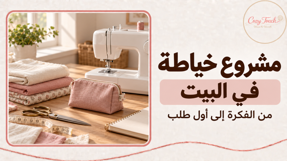 صورة تمثيلية لركن خياطة منزلي بماكينة وأقمشة وجراب قماشي