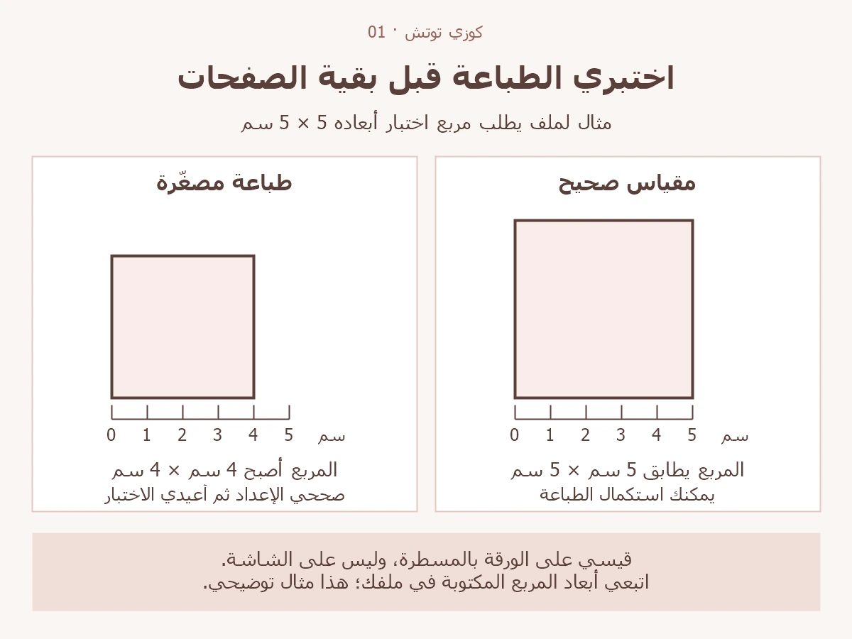 مقارنة مربع اختبار صحيح بقياس 5 في 5 سم بمربع مصغر إلى 4 في 4 سم، مع مسطرة للتحقق على الورقة