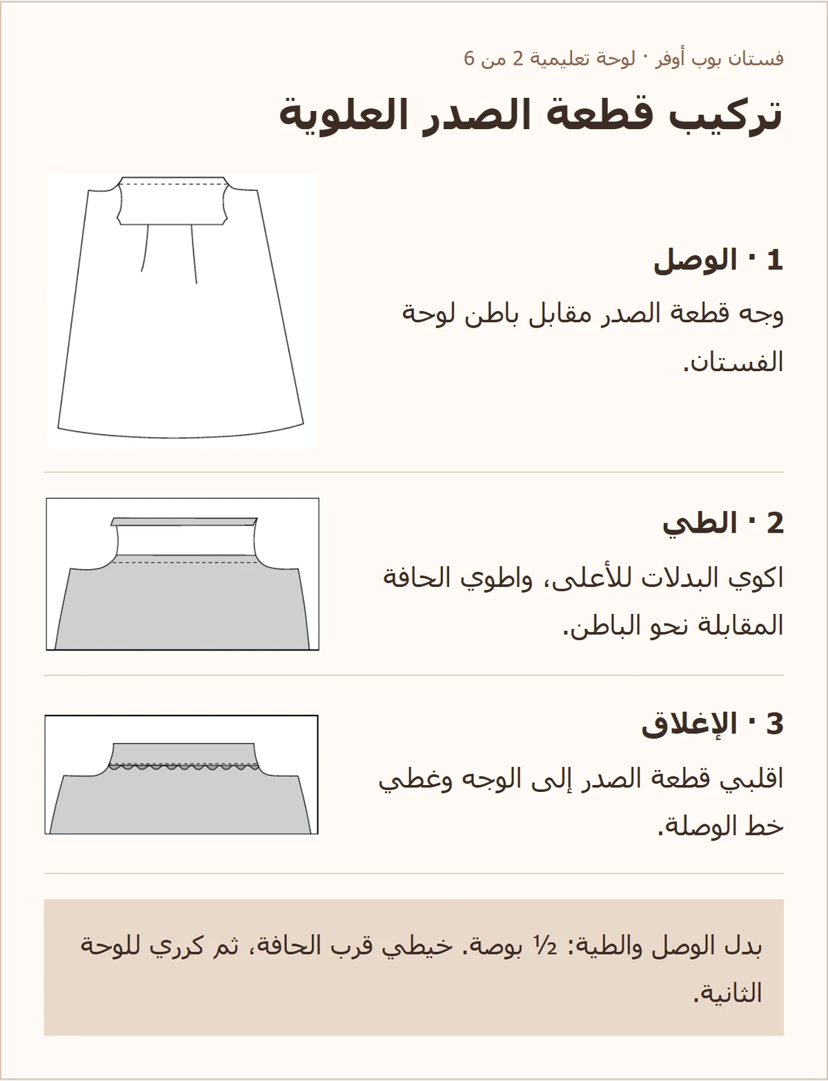 تركيب قطعة الصدر العلوية — شرح مصوّر لباترون فستان بوب أوفر