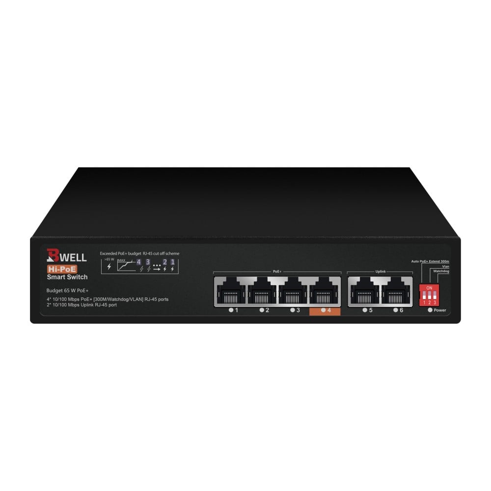 بي ويل سويتش  4  منافذ POE  سرعة 100 ميجابت في الثانية  BWELL 4-Port POE 100 MB/S Switch