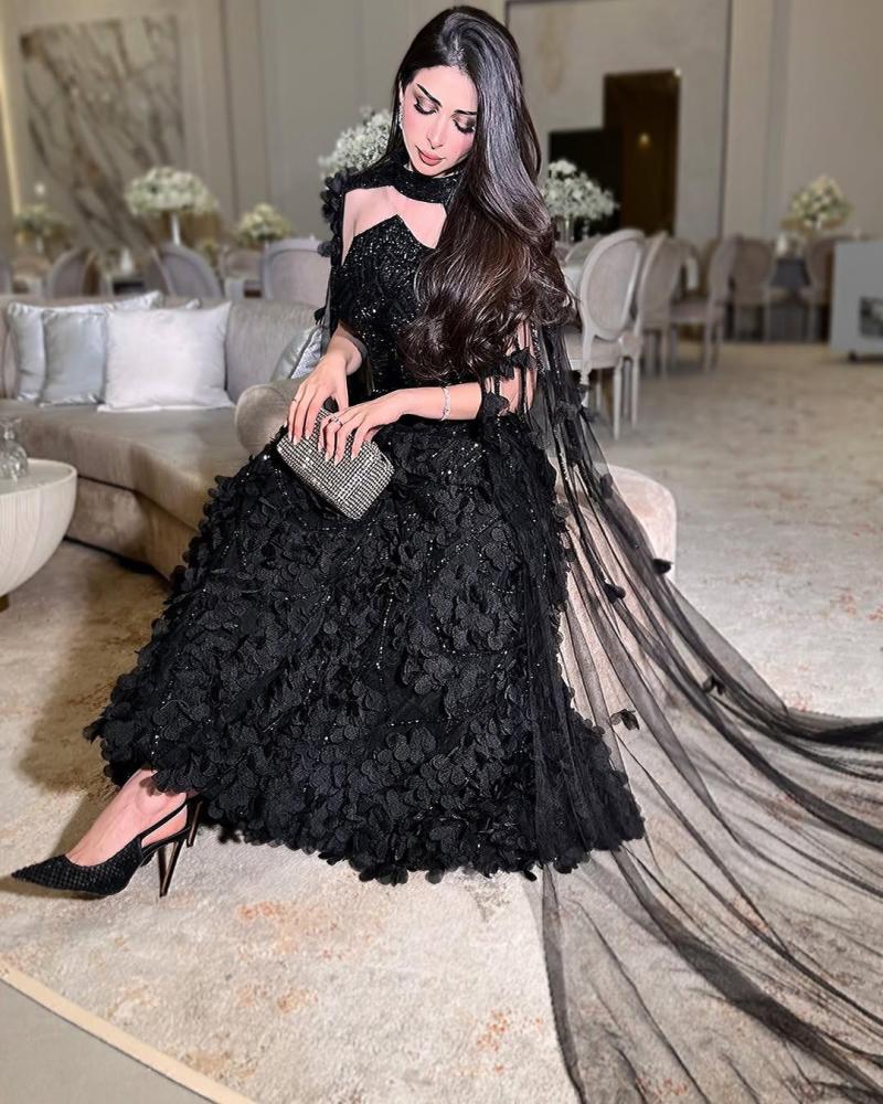 فستان سهرة اسود بورد بارز كامل