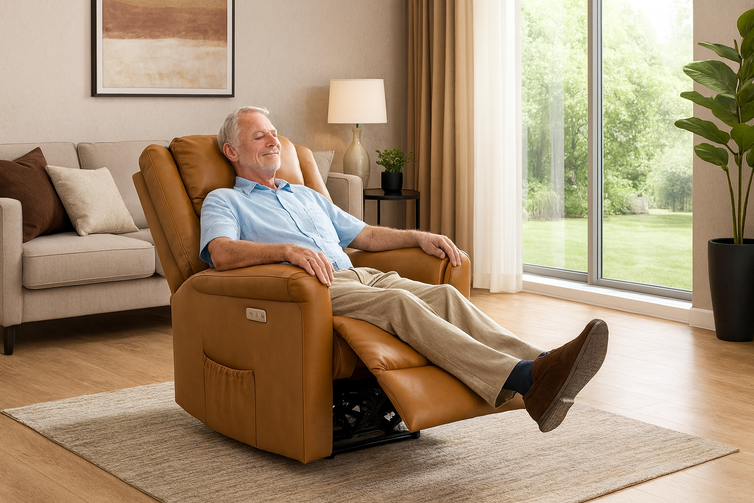 كرسي استرخاء جلد مع حامل اكواب