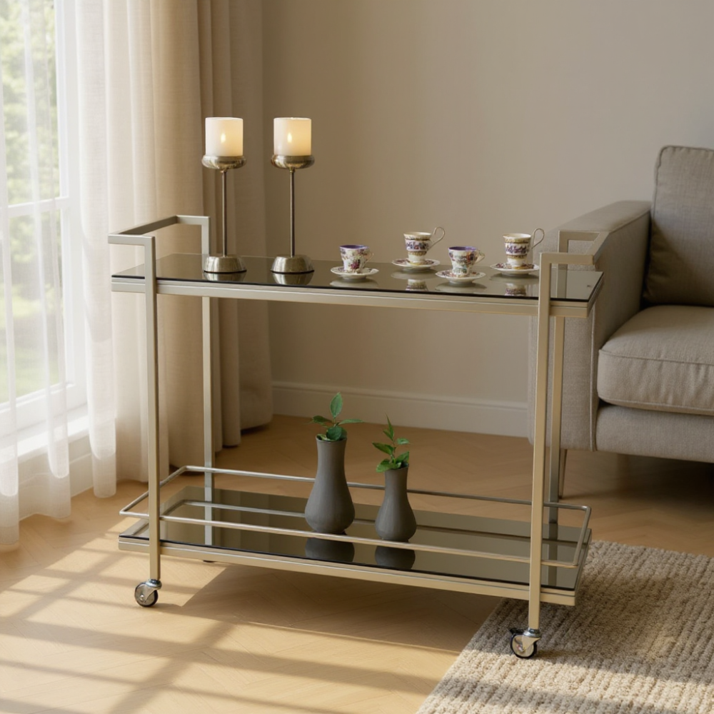 عربية تقديم حديد سطح زجاج بني لونى شمباني