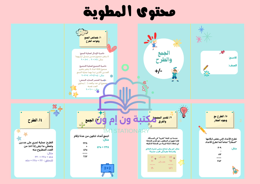 مطوية رياضيات صف رابع الوحدة الثانيه (الجمع والطرح )الترم الاول