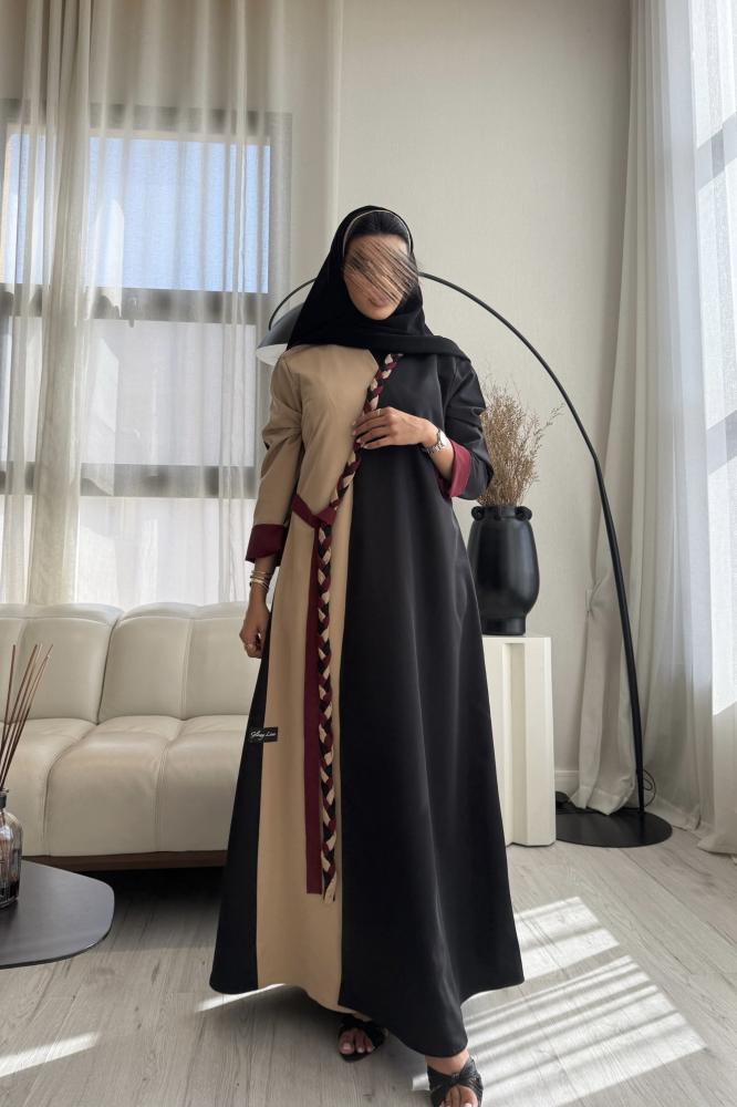 عباية كتان باللون اسود والبيج والعنابي القصه نص كلوش+ طرحه اسود بطرف بيج