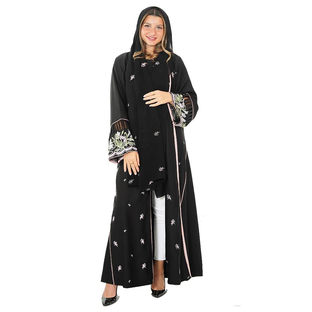 عبايه سوداء مزينة بالورود الملونة